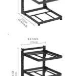 Two black metal shelving units with dimensions labeled.