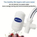 Water purifier attached to a faucet with cherries below.