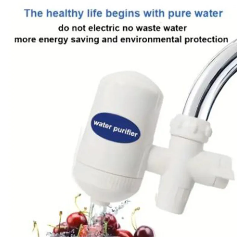 Water purifier attached to a faucet with cherries below.