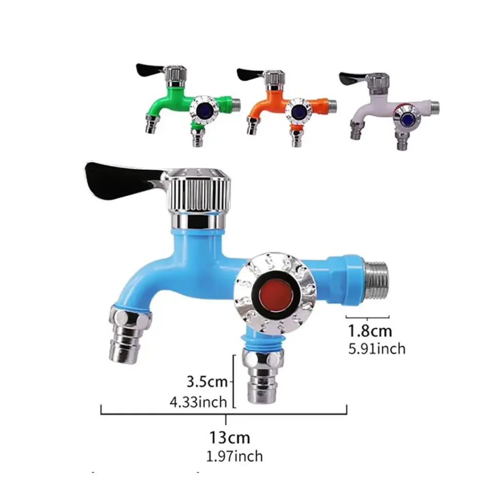 Colorful dual-outlet faucet with dimensions labeled.