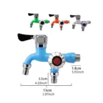 Colorful dual-outlet faucet with dimensions labeled.