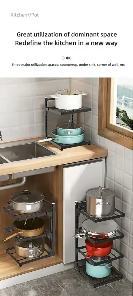 Kitchen corner with multi-tier pot racks and various pots.