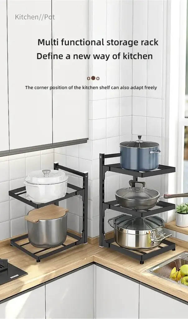 Multi-tier kitchen storage rack with pots and pans.