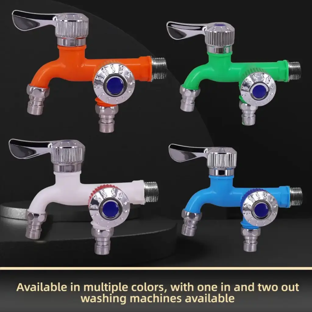 Four colorful water faucets with dual outlets and lever handles.
