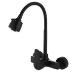 Matte black wall-mounted kitchen faucet with flexible spout.