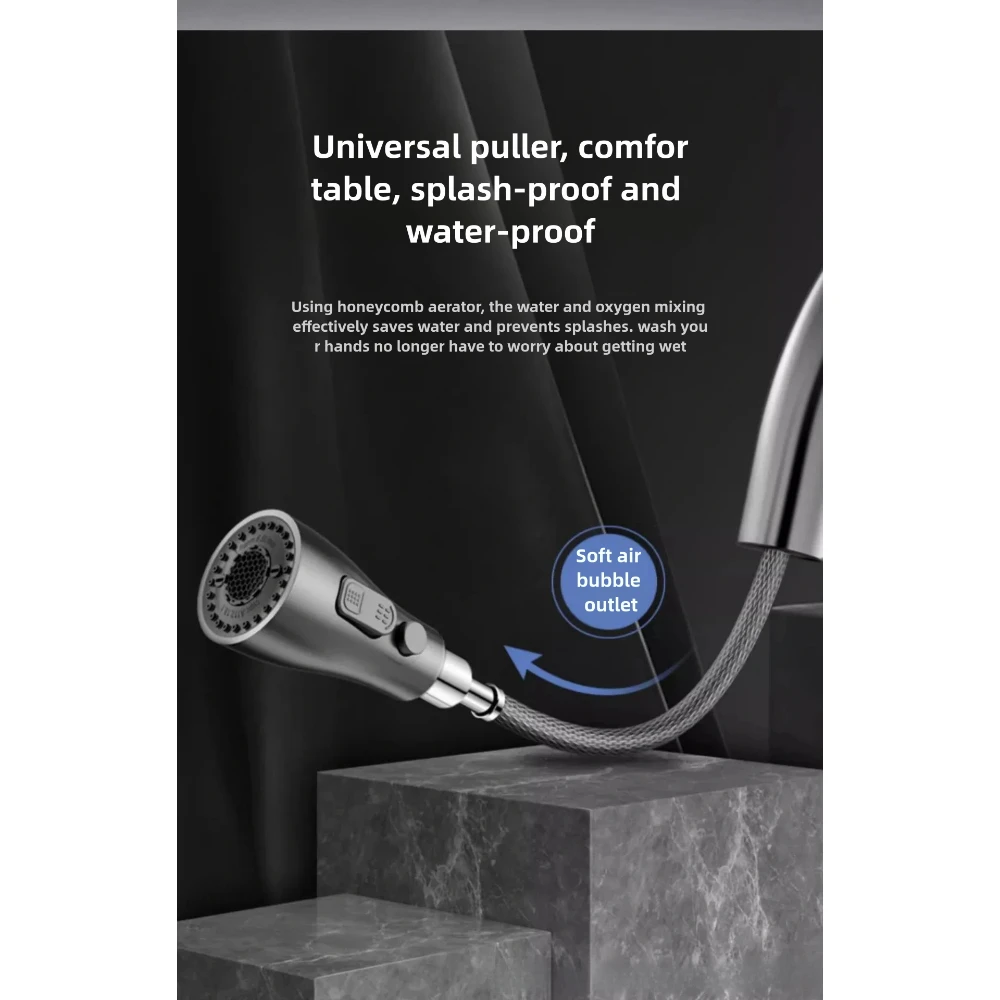Universal puller faucet with soft air bubble outlet on a marble surface.