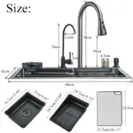 Stainless steel kitchen sink set with faucet and accessories.