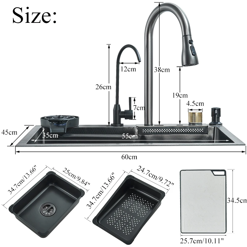 Stainless steel kitchen sink set with faucet and accessories.