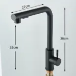Black kitchen faucet with measurements of 27cm and 36cm.