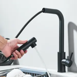 Person using a black pull-out kitchen faucet over a sink.