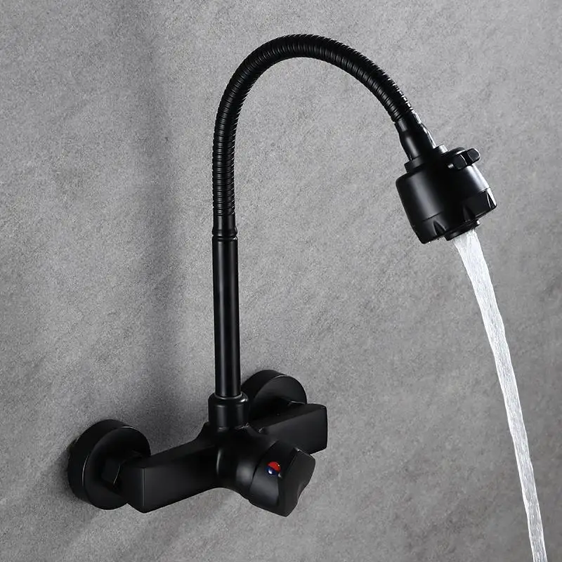 Matte black wall-mounted kitchen faucet with flexible spout.