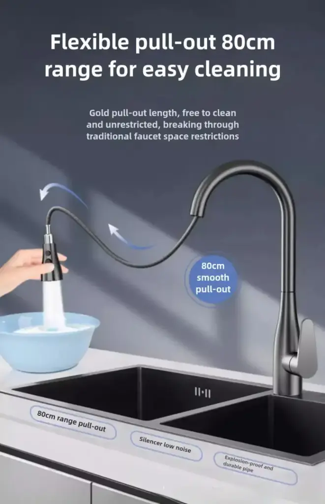Flexible pull-out kitchen faucet with 80cm range for easy cleaning.