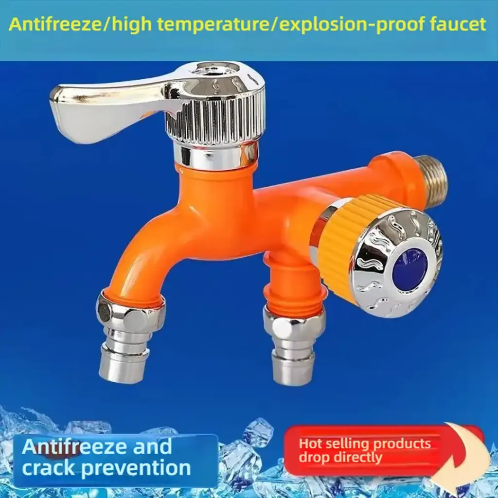 Orange explosion-proof faucet with dual outlets on blue background.