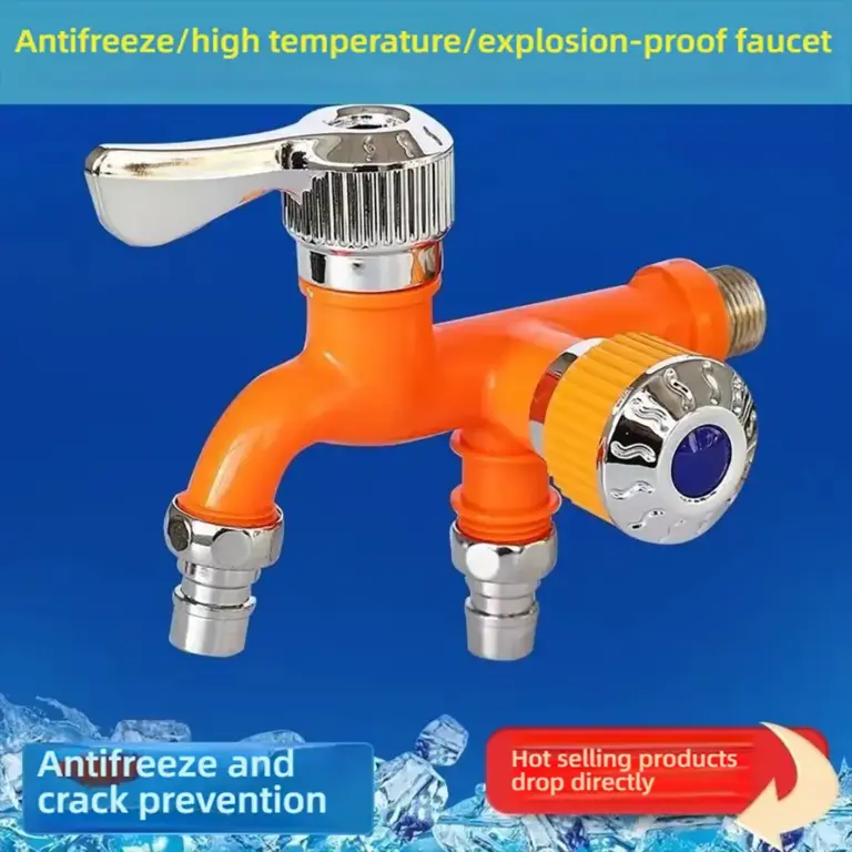 Orange explosion-proof faucet with dual outlets on blue background.