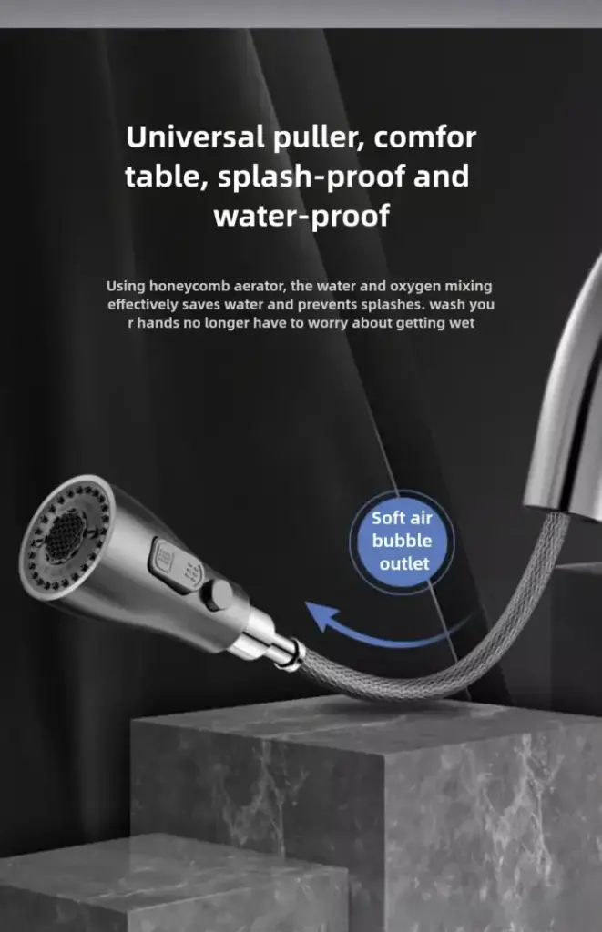 Universal puller faucet with soft air bubble outlet on a marble surface.