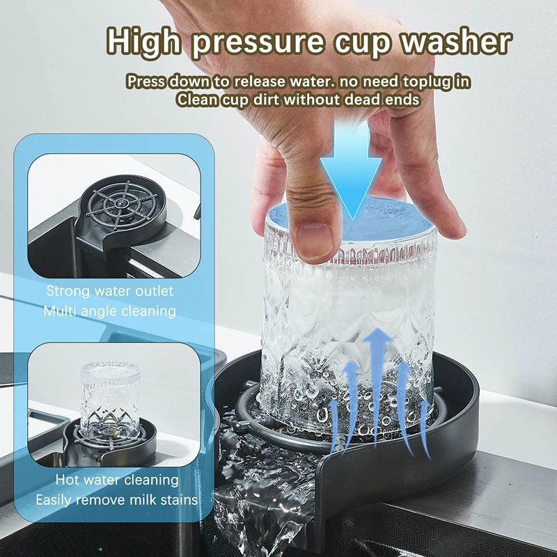 High pressure cup washer with a hand pressing down on a glass, showing water spraying for cleaning.