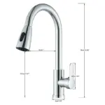 Chrome kitchen faucet with pull-down sprayer and dimensions.