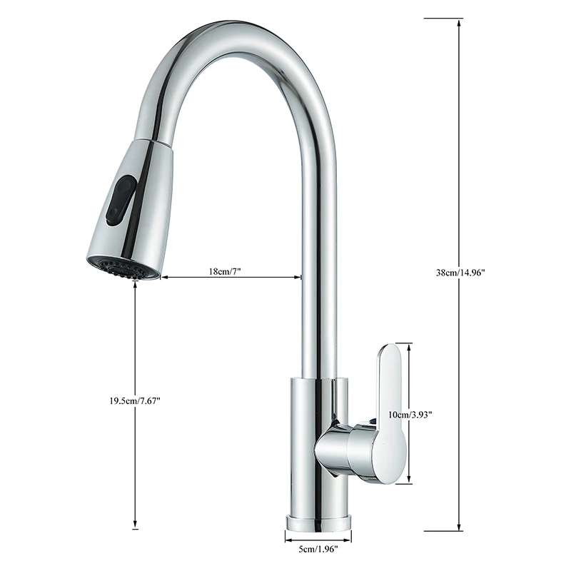 Chrome kitchen faucet with pull-down sprayer and dimensions.