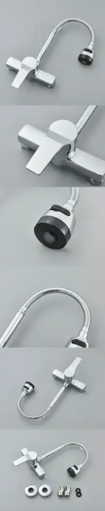 Modern chrome kitchen faucet with flexible hose and installation parts.