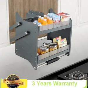 Pull-down kitchen cabinet organizer with drinks and snacks.