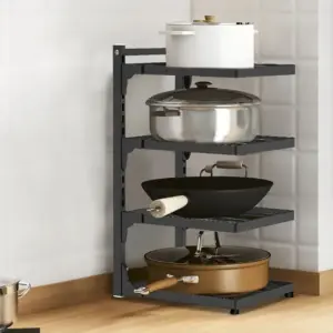 Corner kitchen shelf with pots and pans.