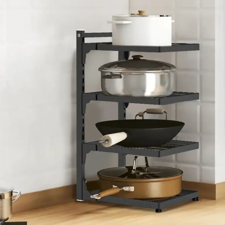 Corner kitchen shelf with pots and pans.