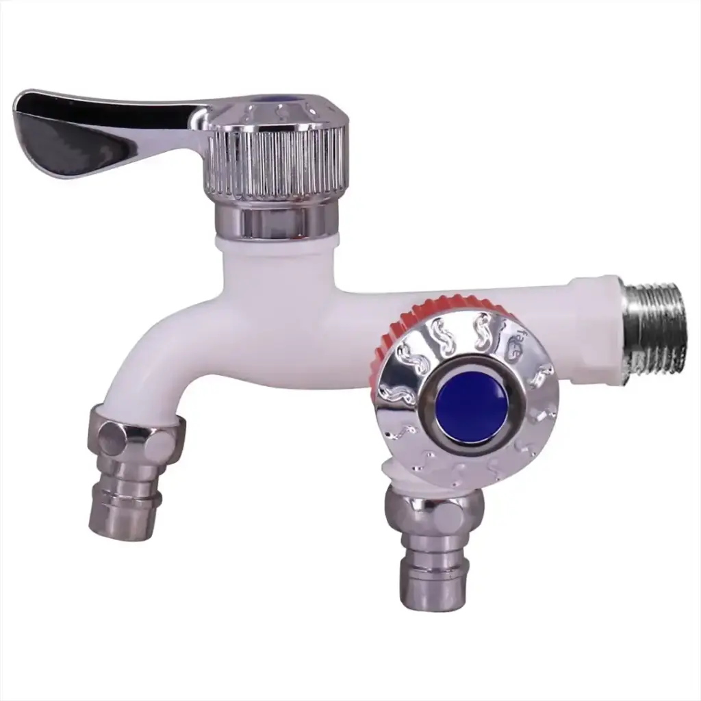 Dual outlet faucet with chrome finish and blue valve.