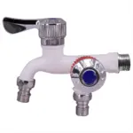 Dual outlet faucet with chrome finish and blue valve.