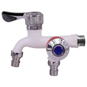 Dual outlet faucet with chrome finish and blue valve.