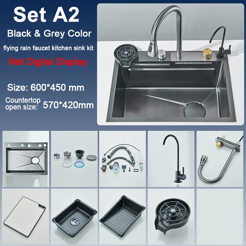 Set A2 kitchen sink kit with black and grey color, includes faucet and accessories.