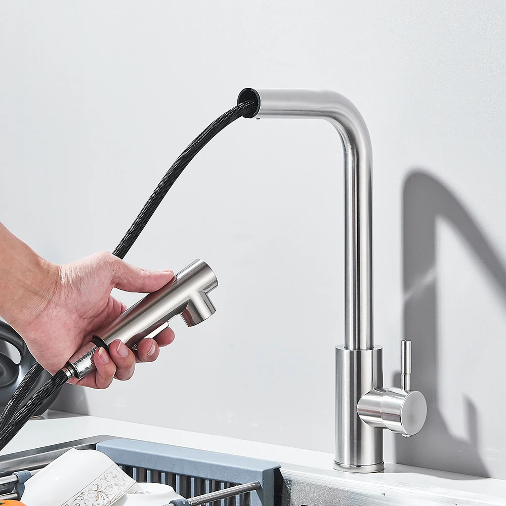 Hand holding a detachable spray nozzle from a modern kitchen faucet.