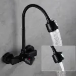 Black wall-mounted kitchen faucet with flexible spout and dual spray mode.