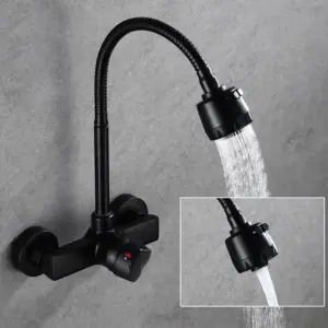 Black wall-mounted kitchen faucet with flexible spout and dual spray mode.