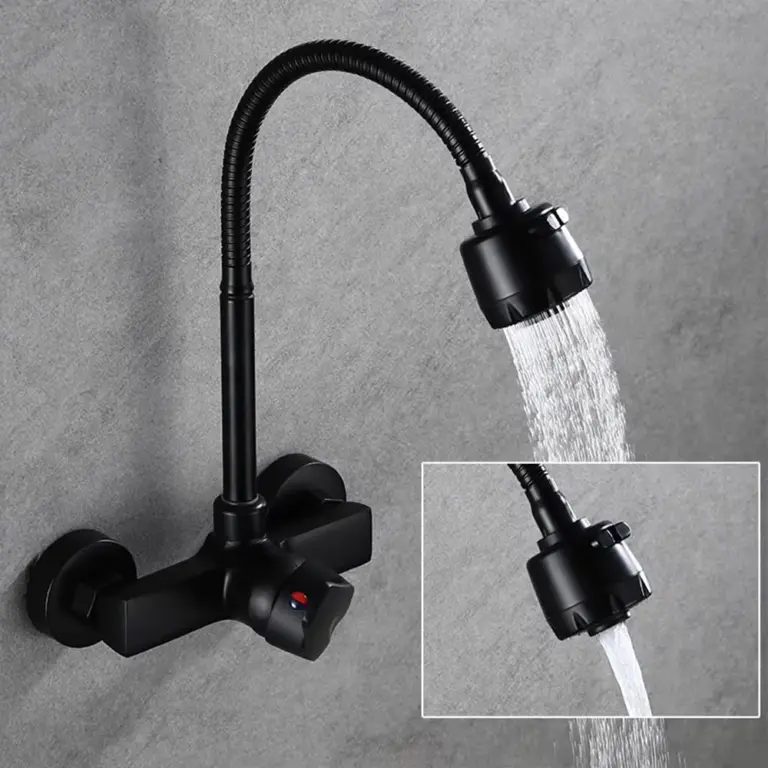 Black wall-mounted kitchen faucet with flexible spout and dual spray mode.