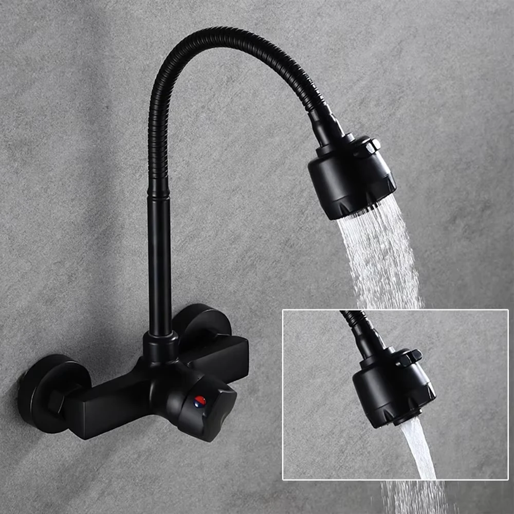 Black wall-mounted kitchen faucet with flexible spout and dual spray mode.