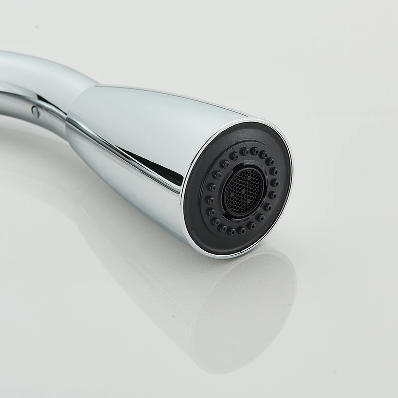 Close-up of a modern chrome shower head on a white background.