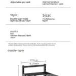 Adjustable pot rack with dimensions and features.