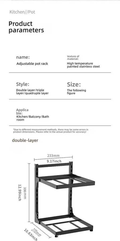 Adjustable pot rack with dimensions and features.