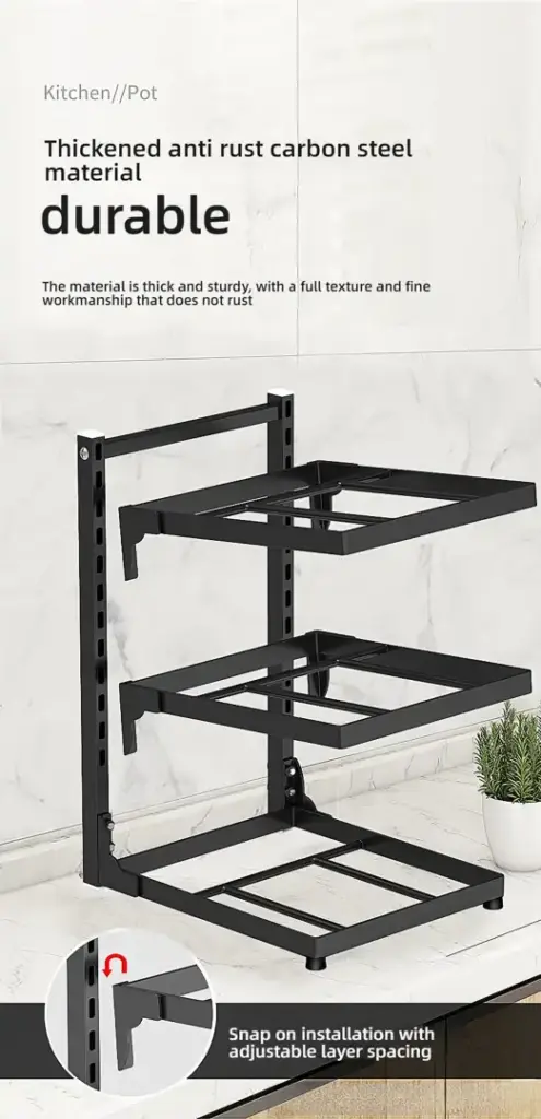 Durable kitchen pot rack with adjustable layers.