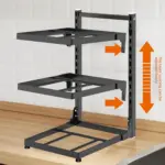 Adjustable black metal kitchen shelf on a countertop.