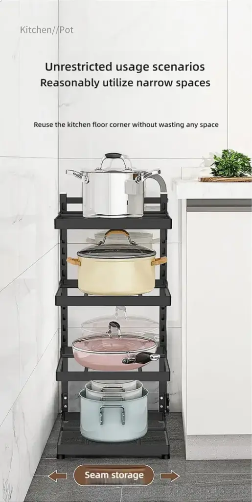 Four-tier kitchen pot rack with various pots in a narrow space.