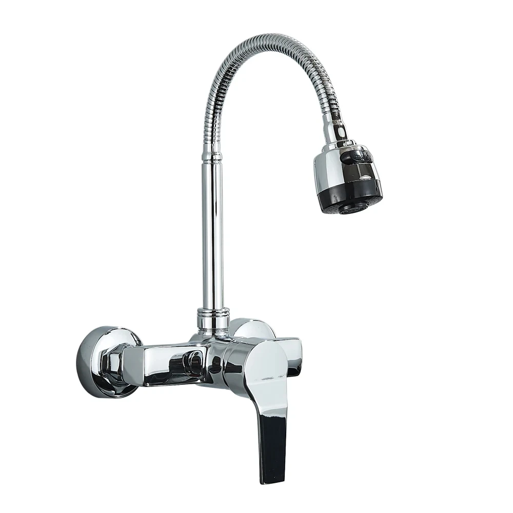 Wall-mounted chrome kitchen faucet with flexible spout.