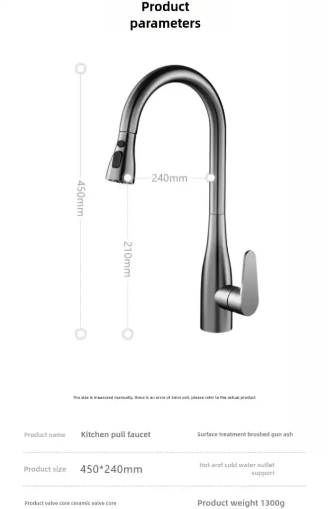 Stainless steel kitchen pull faucet with dimensions and specifications.