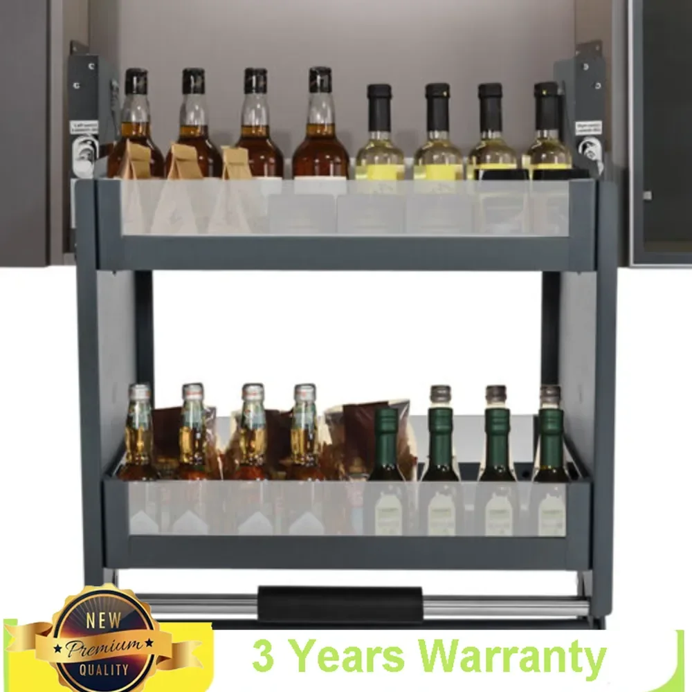 منظم خزانة قابل للسحب بطبقتين مع زجاجات متنوعة.