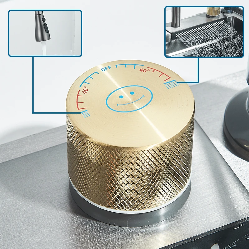 Close-up of a gold kitchen faucet knob with temperature settings.
