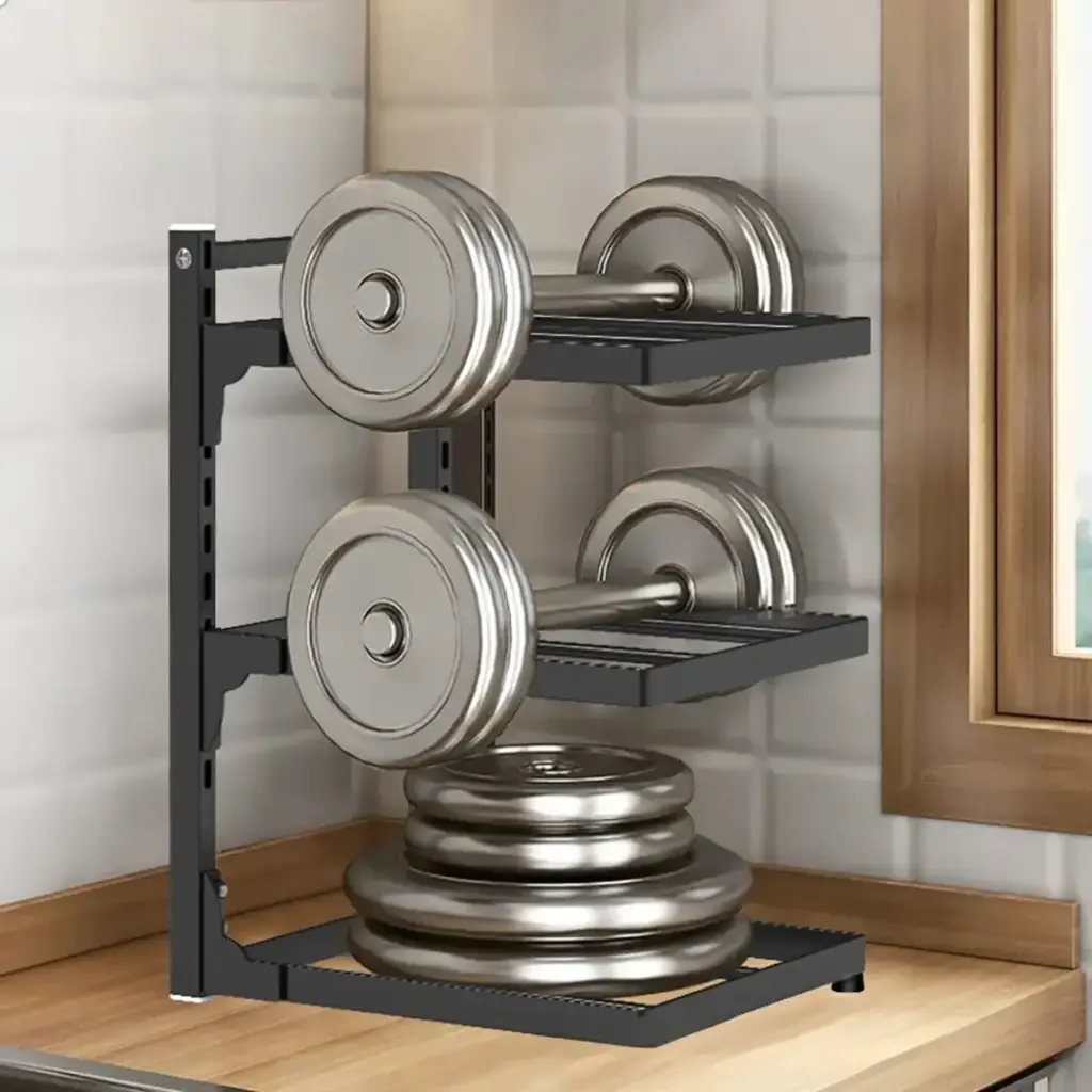 Compact dumbbell rack with weights in a home setting.