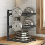 Compact dumbbell rack with weights in a home setting.