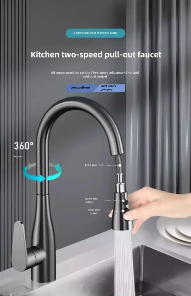 Modern kitchen faucet with pull-out feature and dual control.