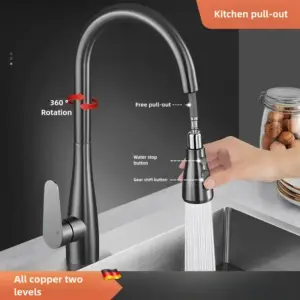 Modern kitchen faucet with pull-out spray and water control buttons.