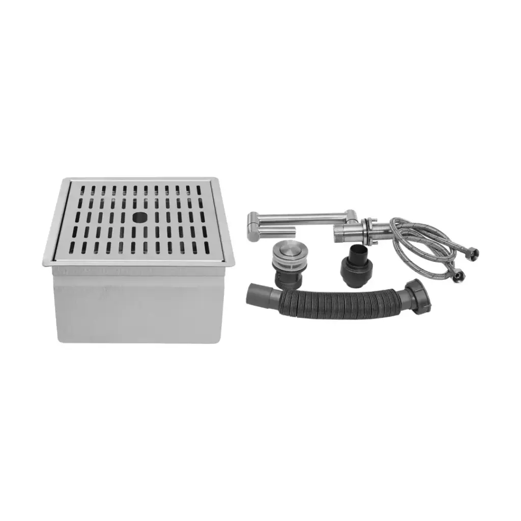 Stainless steel sink with drain components.
